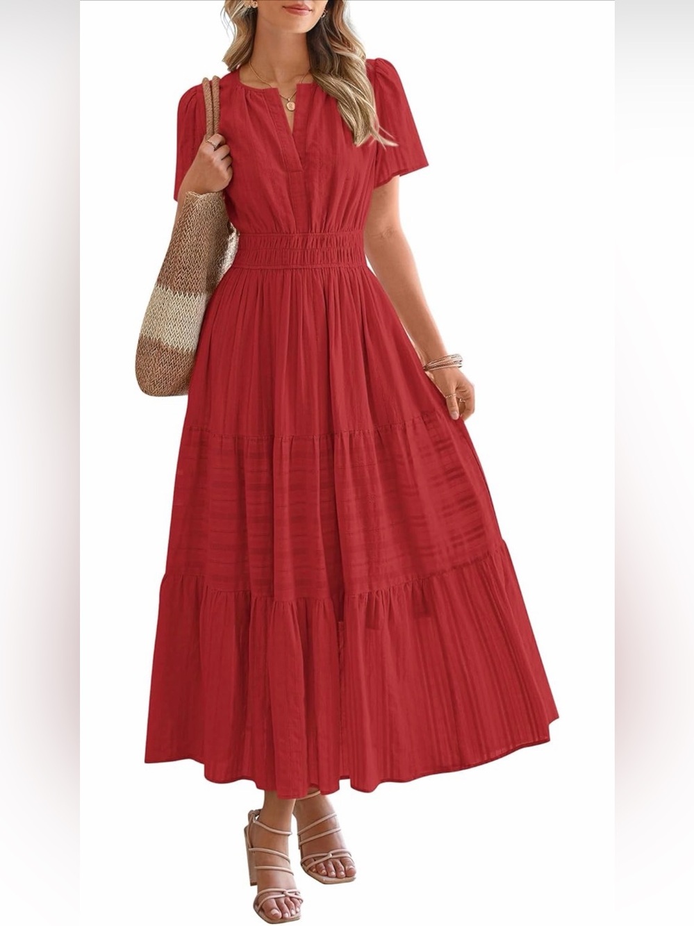 NWT Lightweight Smocked Waist Red Maxi Dress V Neck Boho Beach, Small